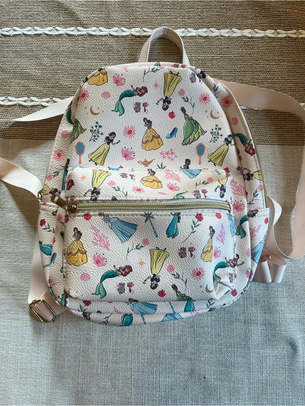 Faux Leather Girls' Princess Print Mini Backpack - Cream with Pastel Accents